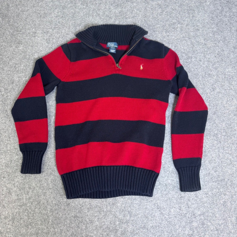 Polo Ralph Lauren Boys Red Navy Blue Striped Quarter Zip Sweater M 10-12